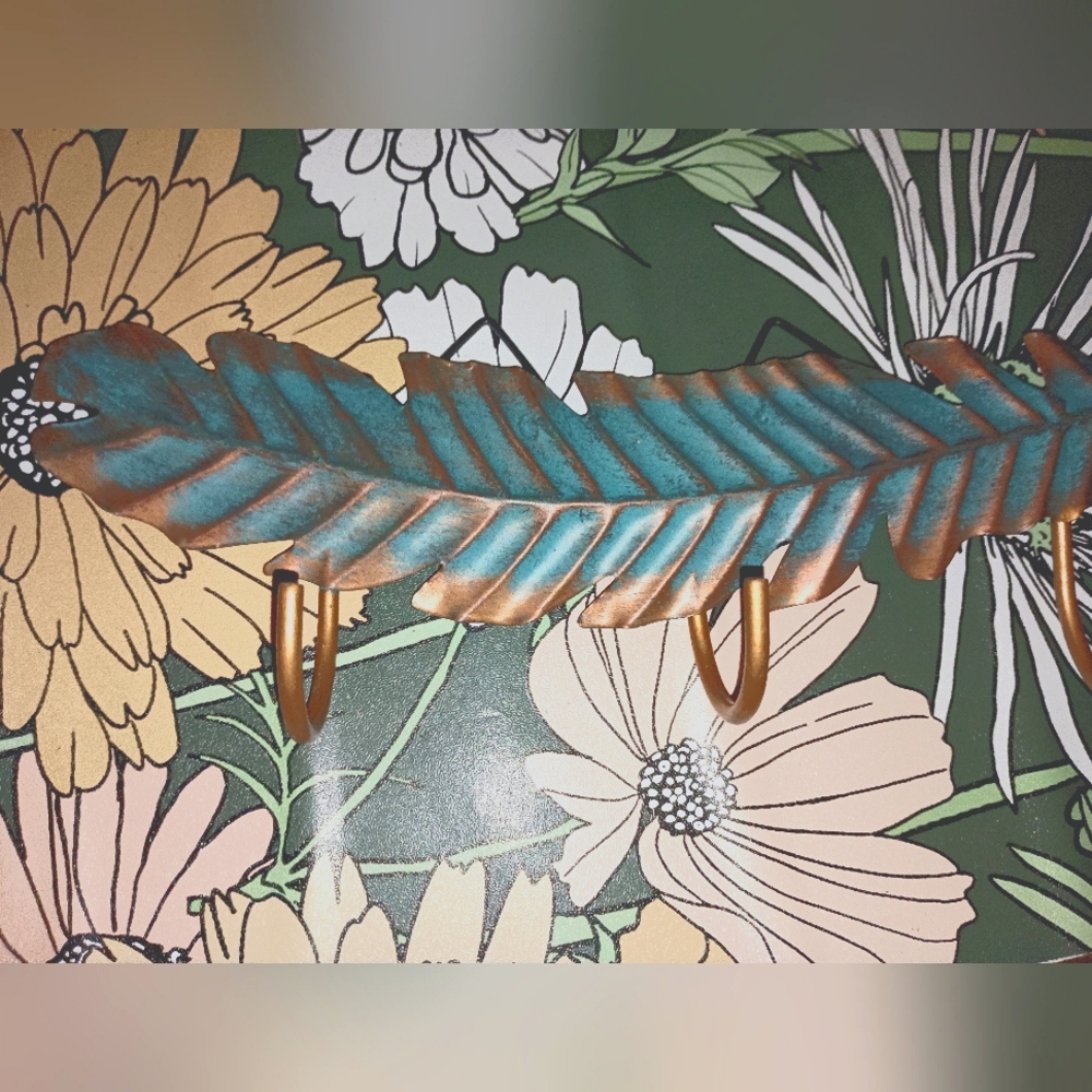 Boho Feather Hook Wall Hanging Hardware Decor Teal & Gold